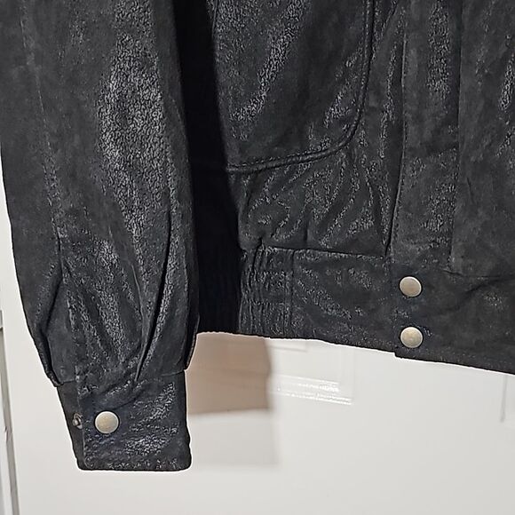 Burks Bay Black Leather Bomber Jacket with American Flag Patch Size Large - Picture 5 of 14